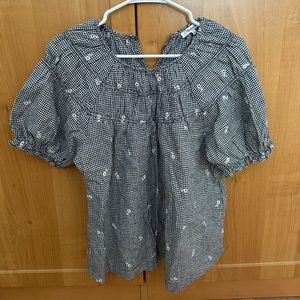 Madewell Embroidered Gingham Shirred Puff-Sleeve Top